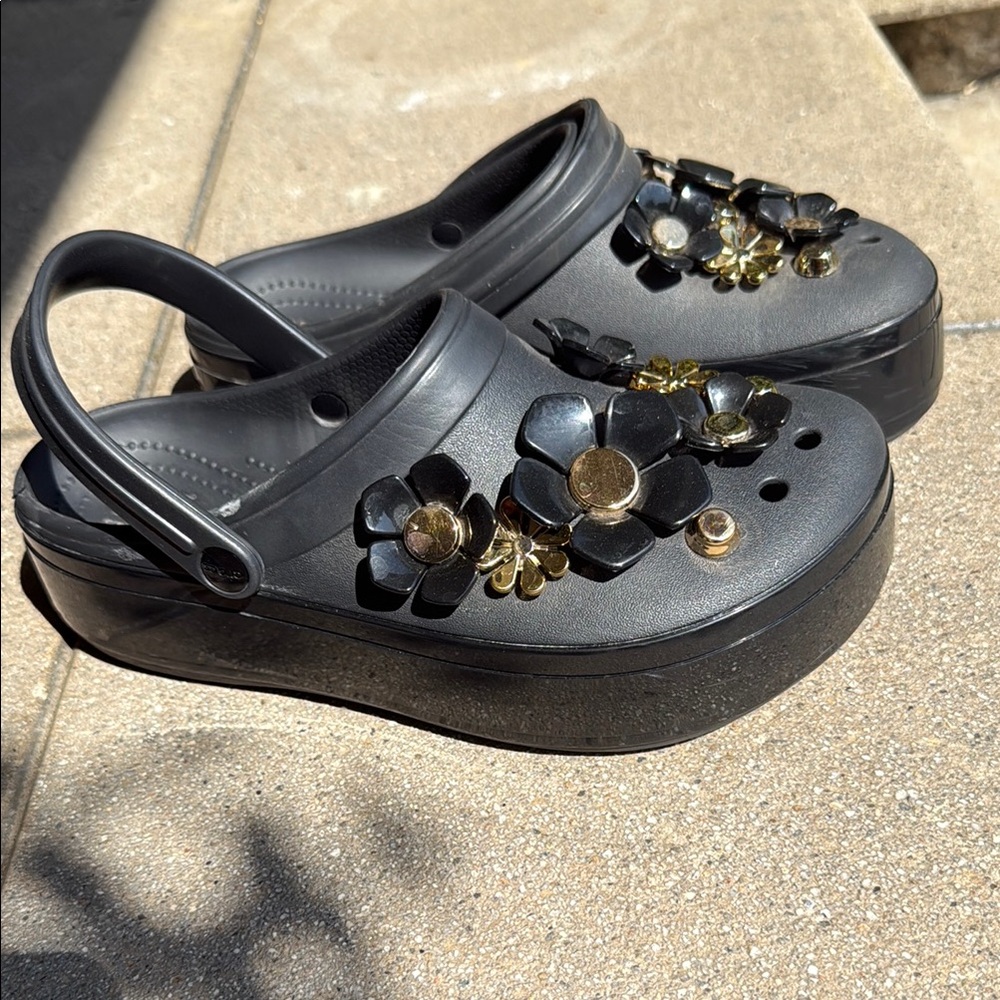 CROCS Black and Gold Floral Mules